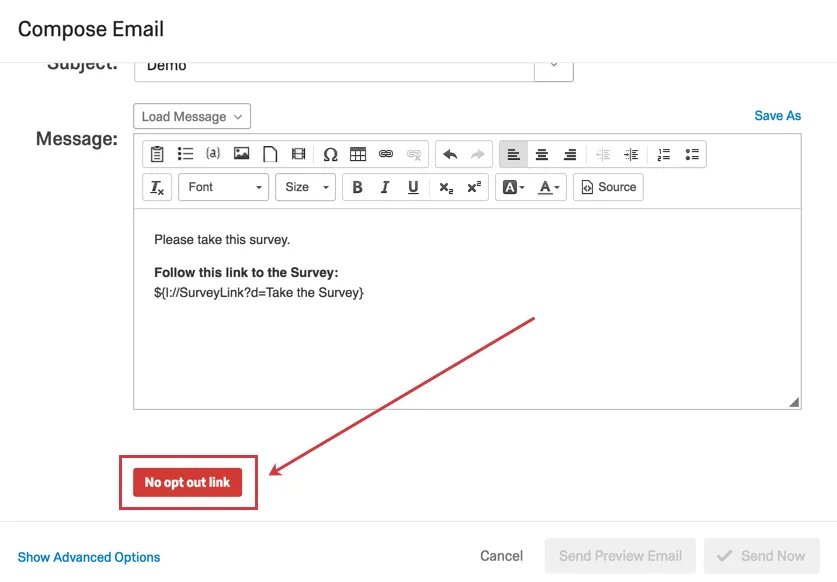 A mensagem de erro na parte inferior do e-mail diz: No opt out link