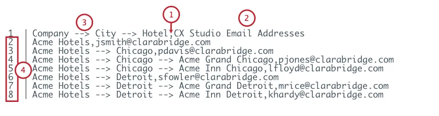 Questo è un esempio di come vengono mappate le email degli utenti in un file CSV