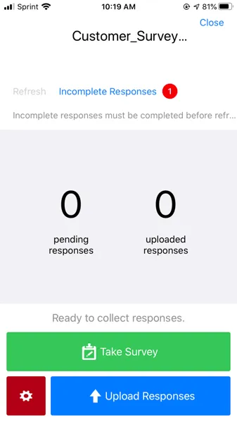 La pantalla de encuesta para acceder a partes, crear una nueva respuesta sin conexión, etc.