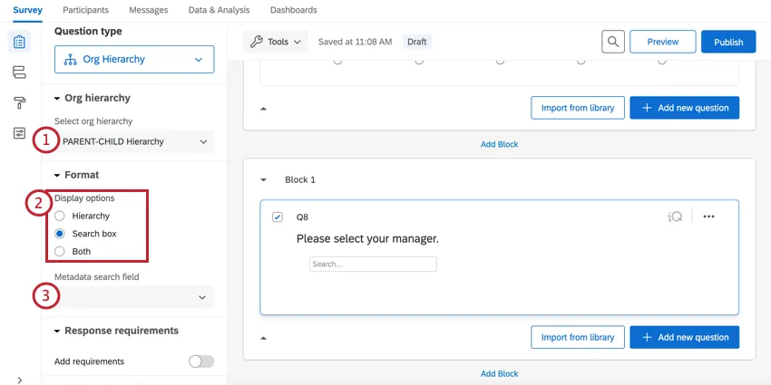 an org hierarchy question in the survey builder with key features called out