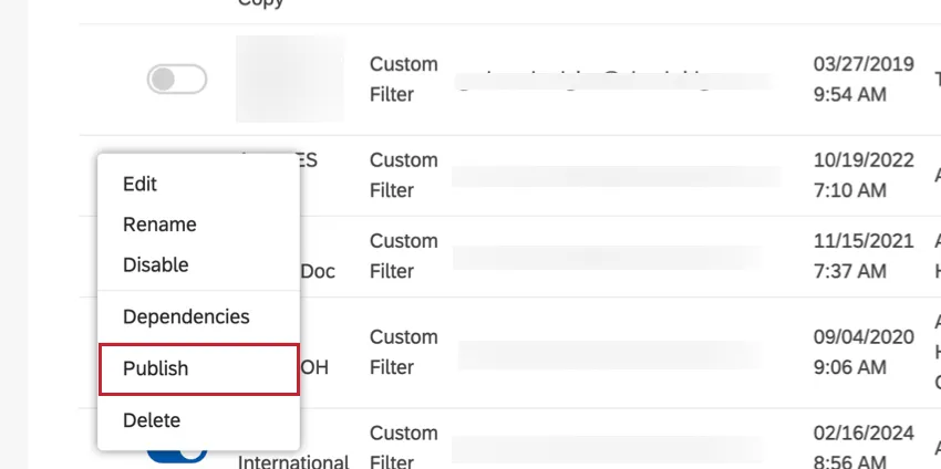 Publier dans les options de menu