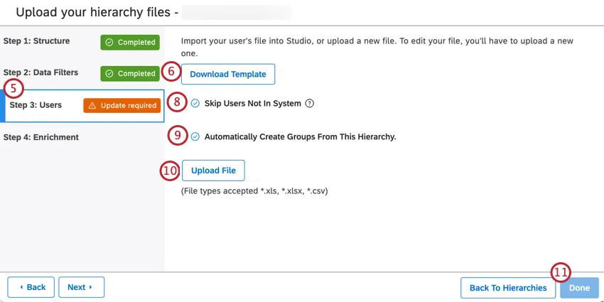 Users tab, with downoad template button and other preferences outlined