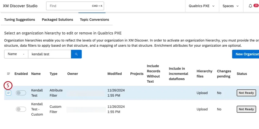 Menu a sinistra del filtro
