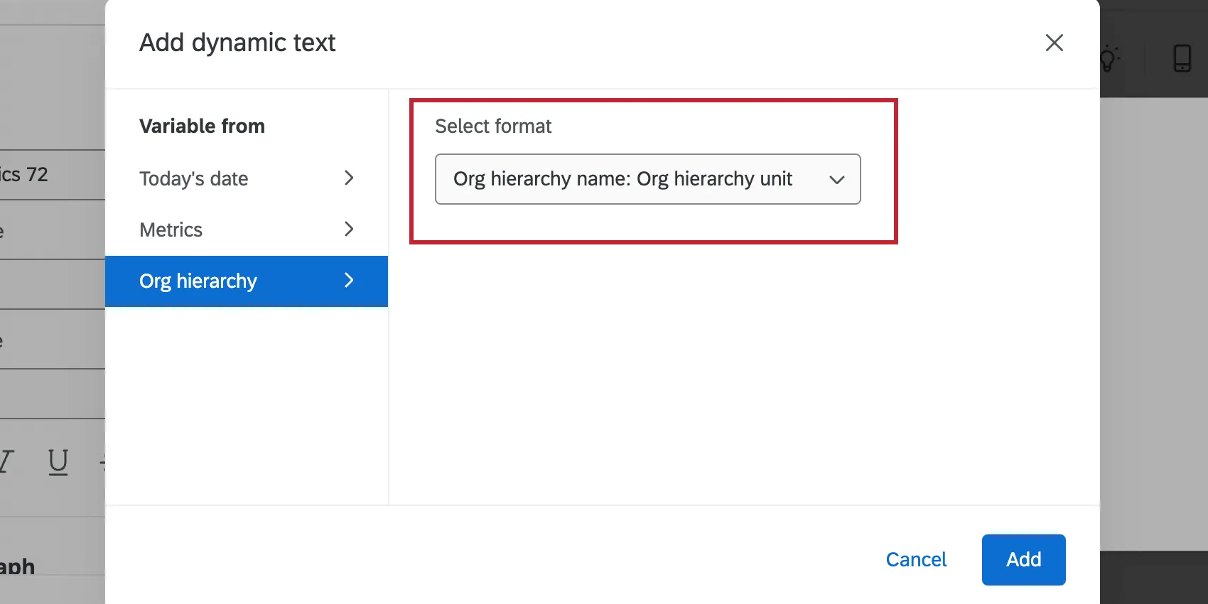 Org hierarchy unit format selection