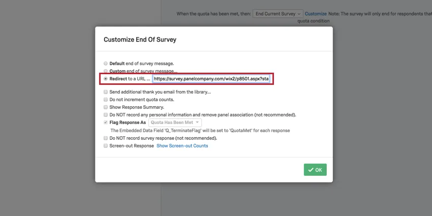 image of the over quota link in the redirect to url field