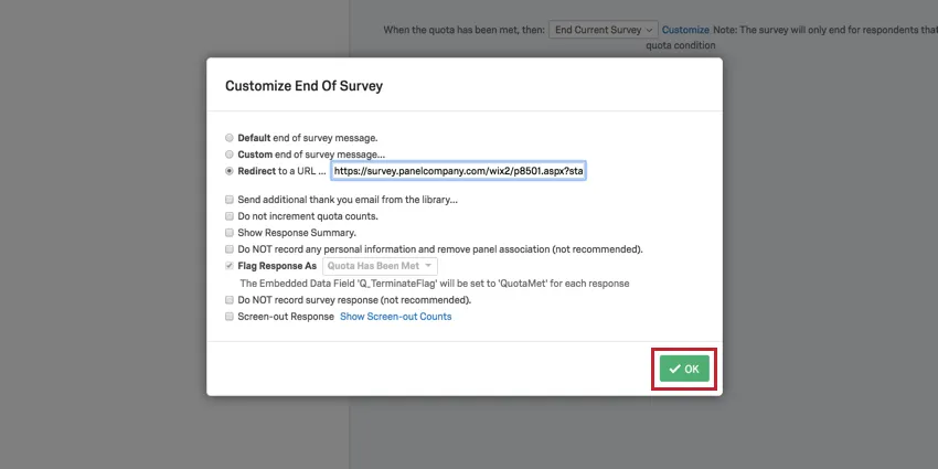 image showing the OK button highlighted in the customize end of survey screen
