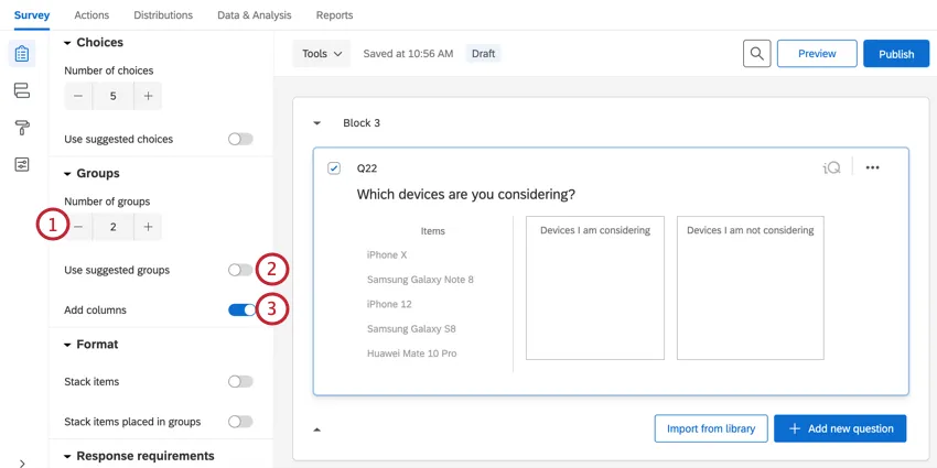 ピック、グループ、ランクの質問に対するグループの選択