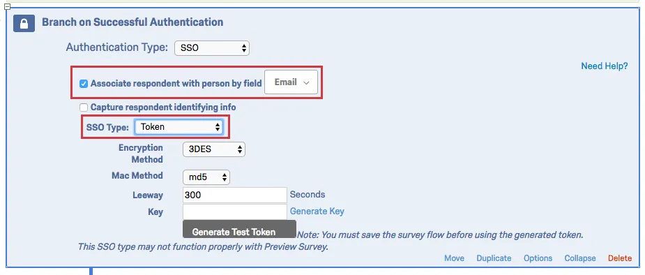 Authenticator set to SSO with the option Associated respondent with person by field set to Email