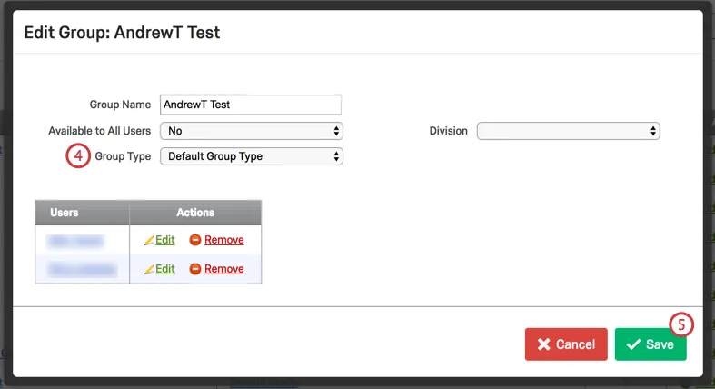 lista desplegable para Tipo de grupo en el menú Editar grupo