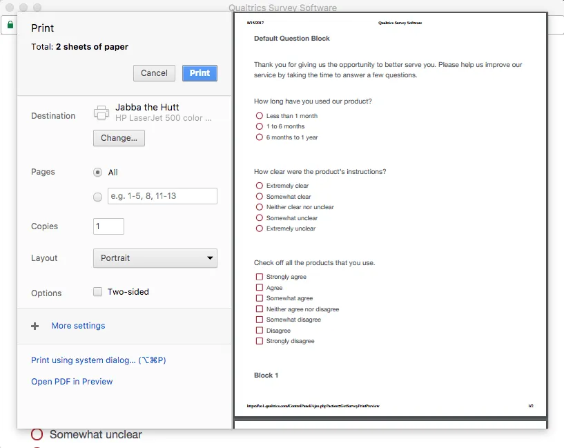 Página de visualização da impressão