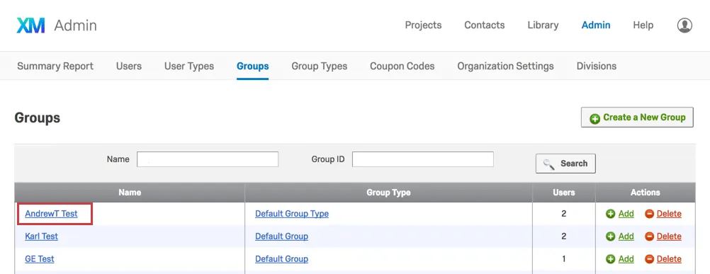 Group name in the lefthand Name column in the Groups tab