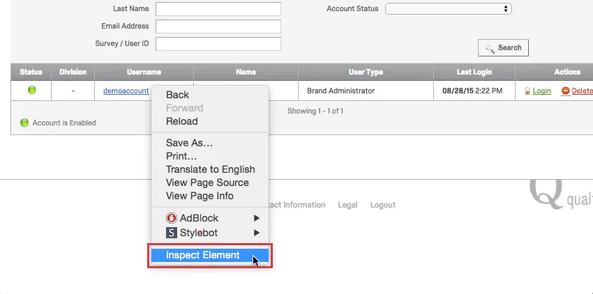 Right-click to access Inspect Element