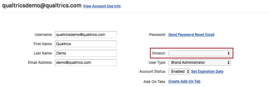 Division dropdown menu on righthand side of user page