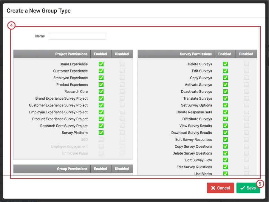 Text box to name Group Type and Permissions checkboxes