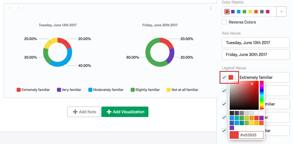 Al hacer clic en el color a la izquierda de un valor de leyenda, podrá cambiar el color de esa porción del gráfico circular.