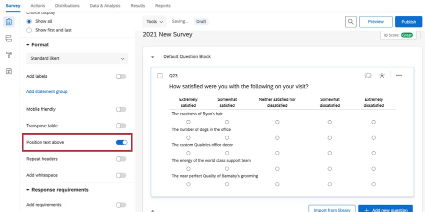 le texte de position au-dessus du bouton à bascule de la matrice