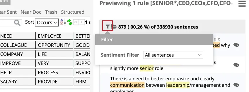 Highlights the filter button in the preview pane
