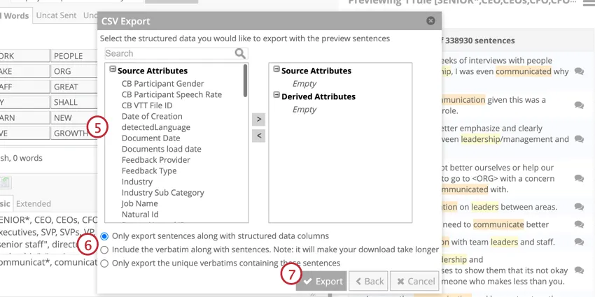 Select the data columns you would like to export then click export
