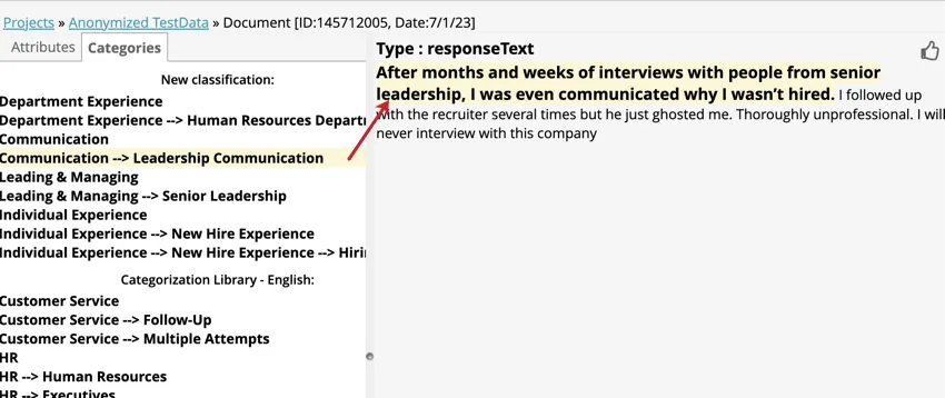 If you click the name of a category, it will highlight that sentences in the source highlighter.