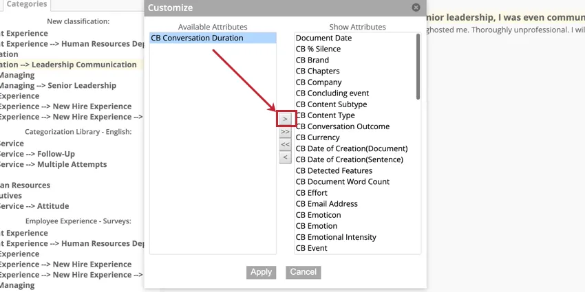 Le bouton fléché qui permet de déplacer les attributs du menu des attributs disponibles vers le menu des attributs affichés