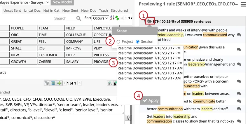 Selecting a session from the scope menu in the preview pane then clicking apply