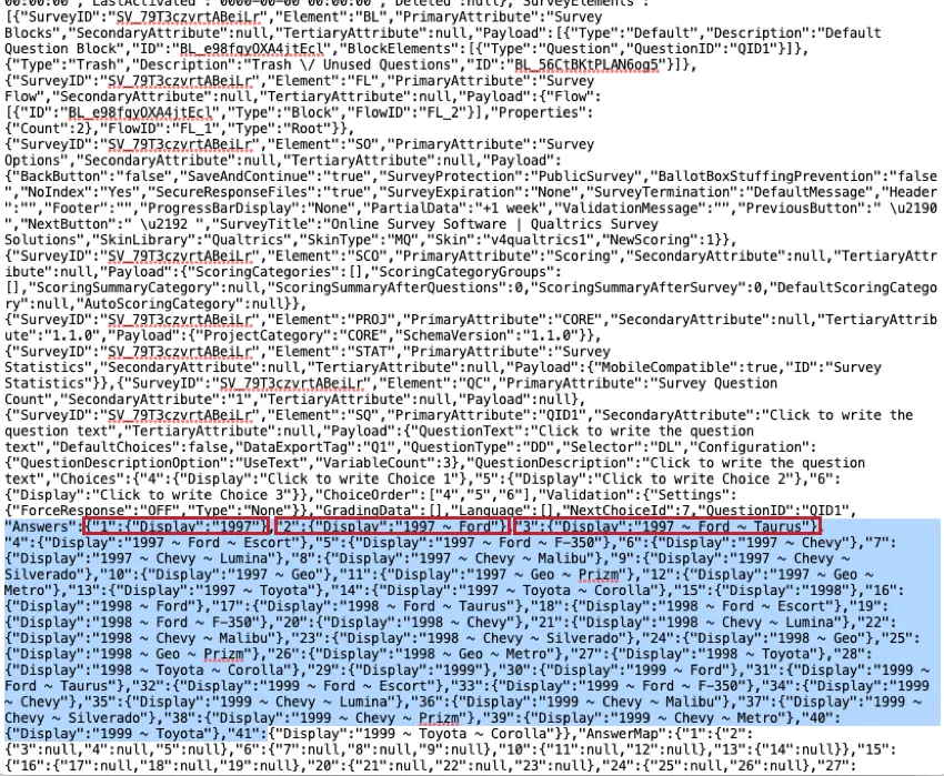 QSFファイルの画像をテキストエディタで表示します。ドリルダウンの答えは青で強調表示され、最初の3つは赤で輪郭が描かれている。最初の3つの選択肢は以下の通り：1997, 1997 - トヨタ, 1997 - トヨタ - タウラス。回答の全リストにアクセスするには、リンク先のセクションでQSFの例をダウンロードしてください。
