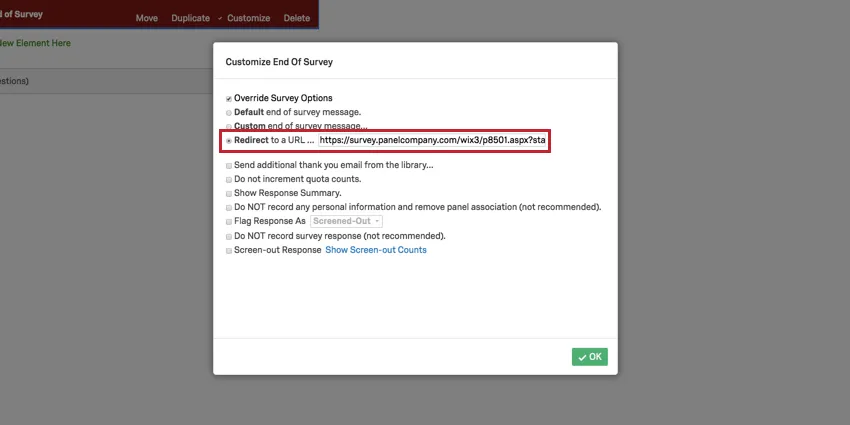 image of the quality check link in the redirect to url field