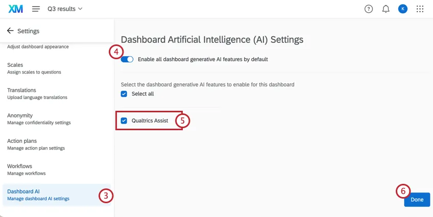 Dashboard AI settings, the Qualtrics Assist option is highlighted
