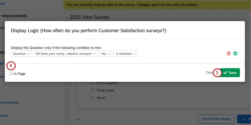 Auswahl der In-Page-Logik-Option und Speichern der Anzeigelogik