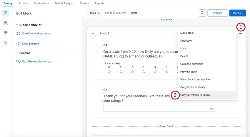 choosing the copy question to library option