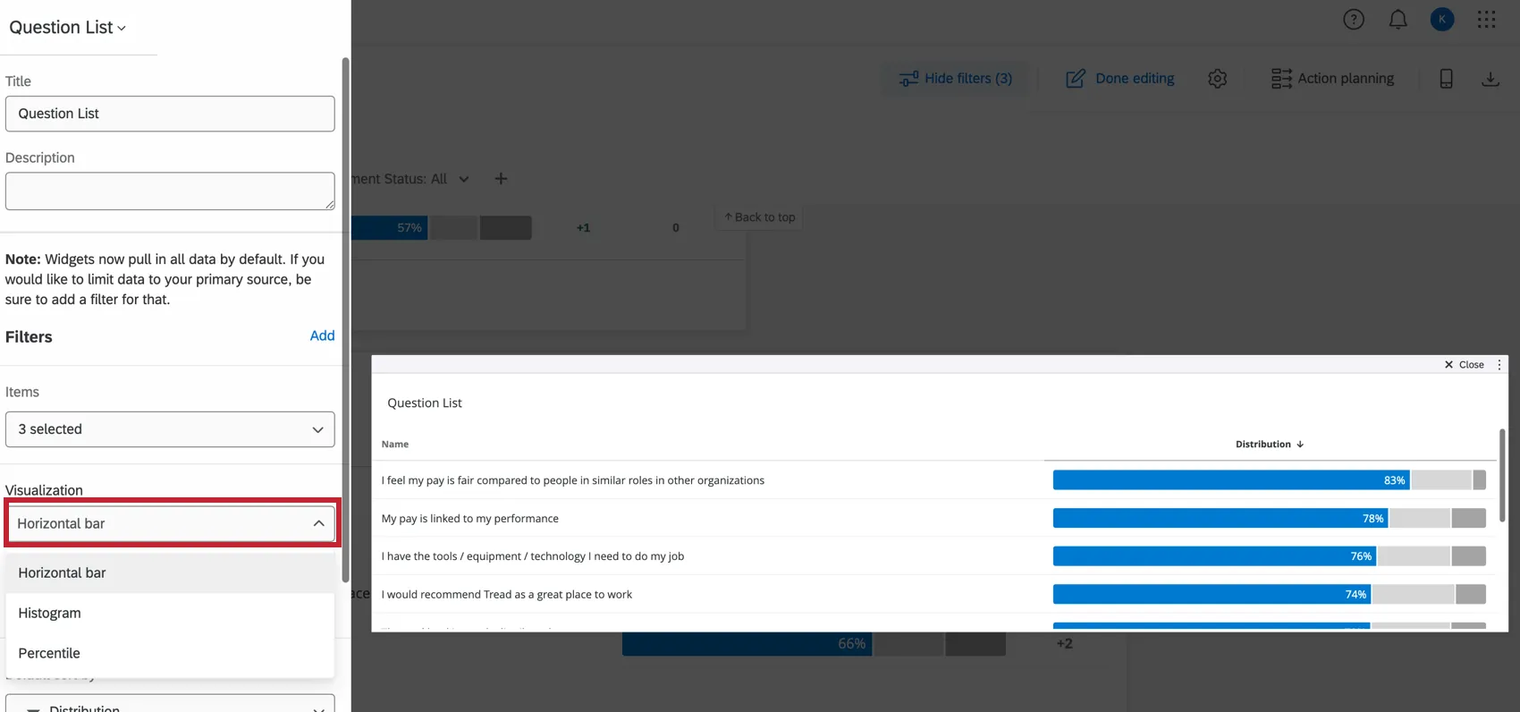 Opzioni di visualizzazione nel widget della lista delle domande