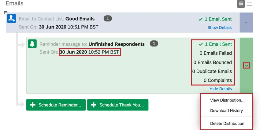uma distribuição de e-mail de lembrete que foi expandida para ver as estatísticas e o histórico da distribuição