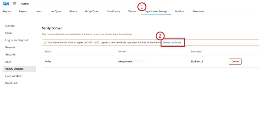 Renovar o banner do certificado na seção de domínio personalizado das configurações organização