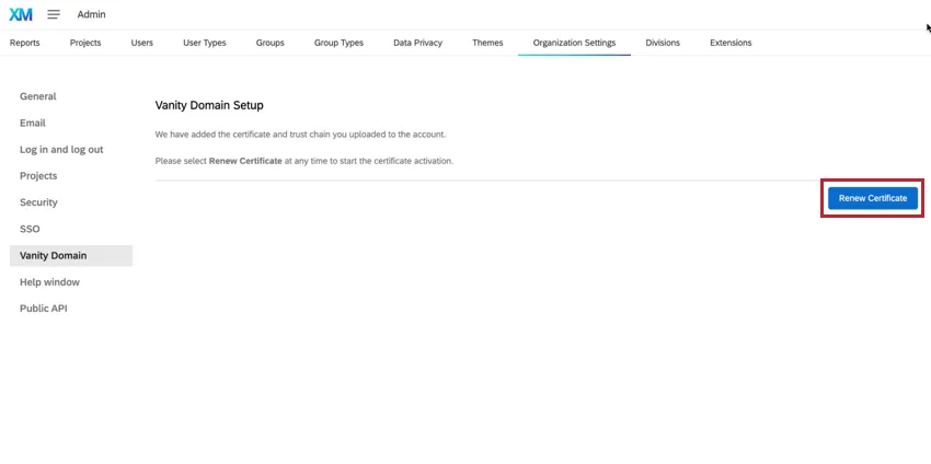 Botão Renovar certificado