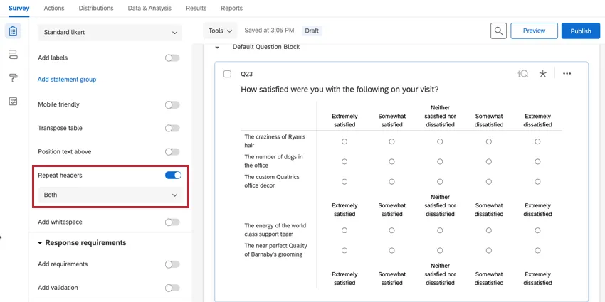 a matrix table with the both option enabled for repeat headers