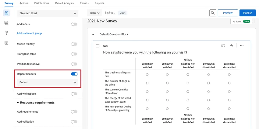 a opção de repetir cabeçalhos definida como inferior