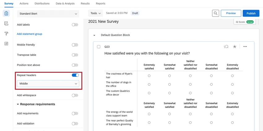 the repeat headers option set to middle