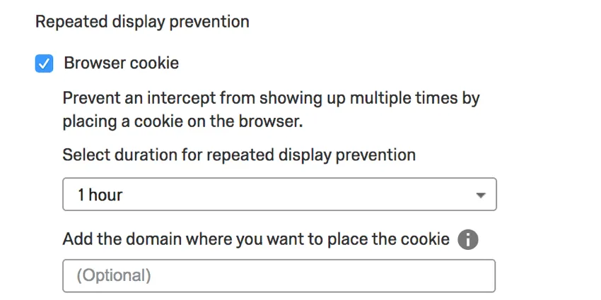 Imagen de opciones de prevención de visualización repetida. La opción de cookies del navegador está habilitada y permite la selección del período de tiempo y el dominio del sitio web.