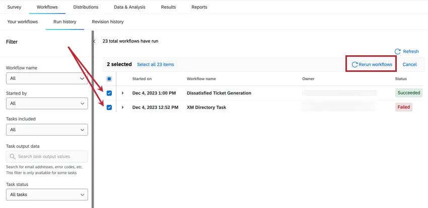 Select workflows to rerun them by clicking the button in the header