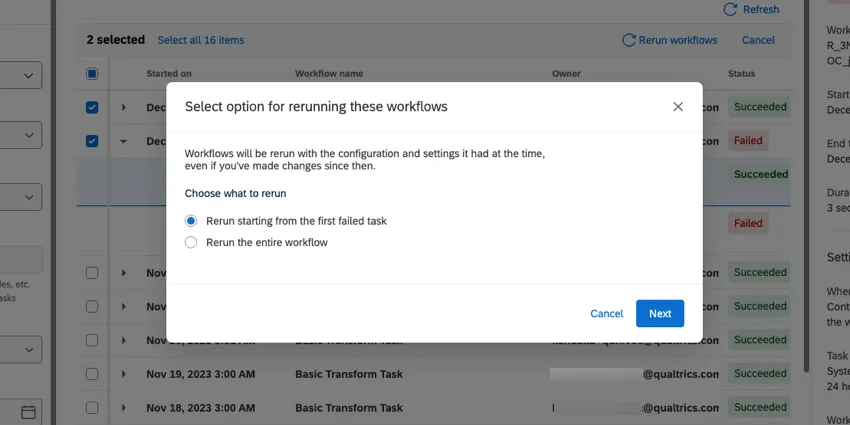 Rerunning workflows customization and confirmation menu