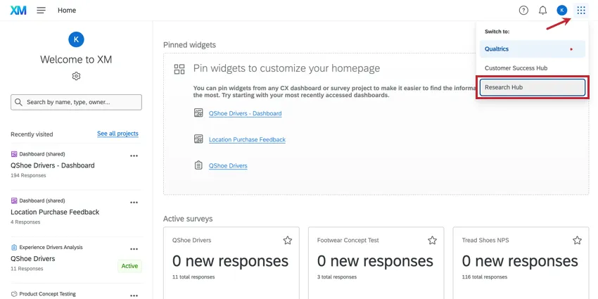 Global navigation menu with research hub highlighted