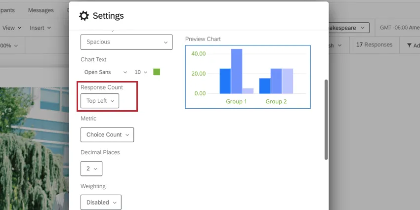 the response count setting for determining where response counts appear on visualziations