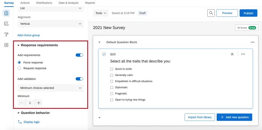 the response requirements section of the survey builder