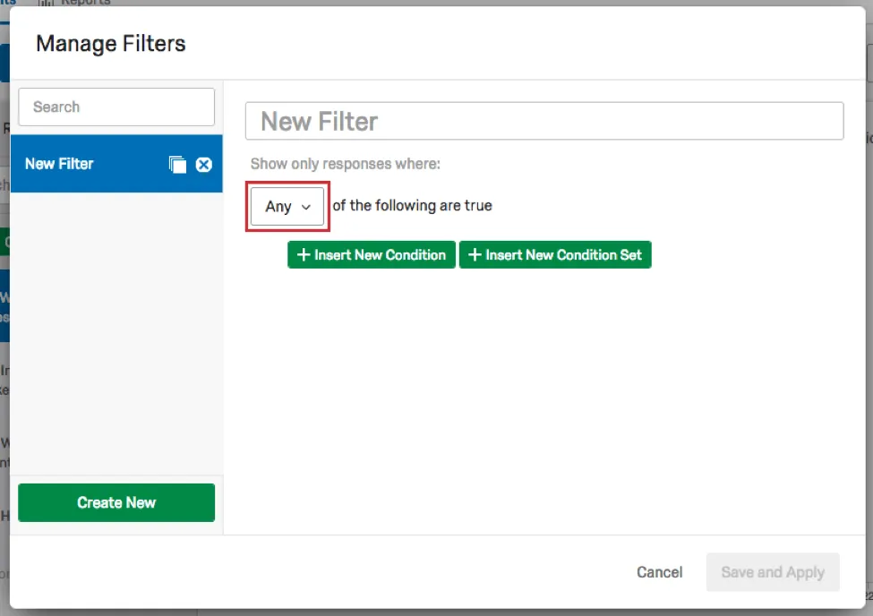 conjunto de lógica filtro definido como Qualquer uma das seguintes opções é verdadeira