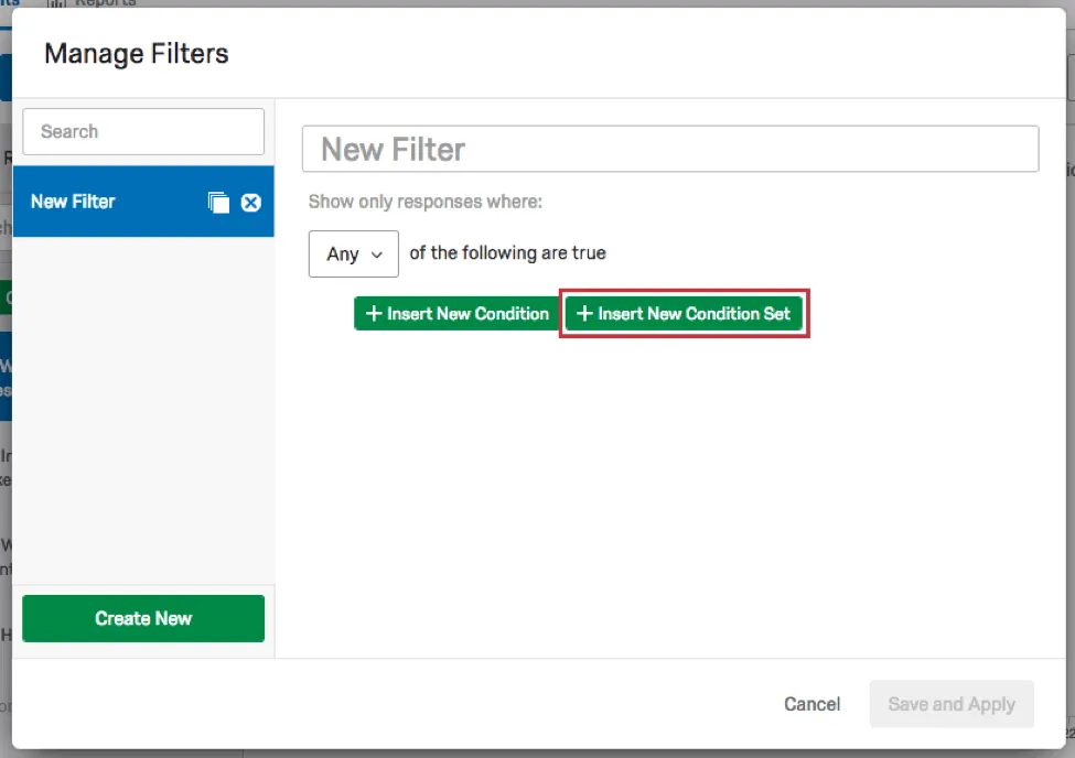 insérer un nouveau bouton densemble de conditions sous chaque filtre