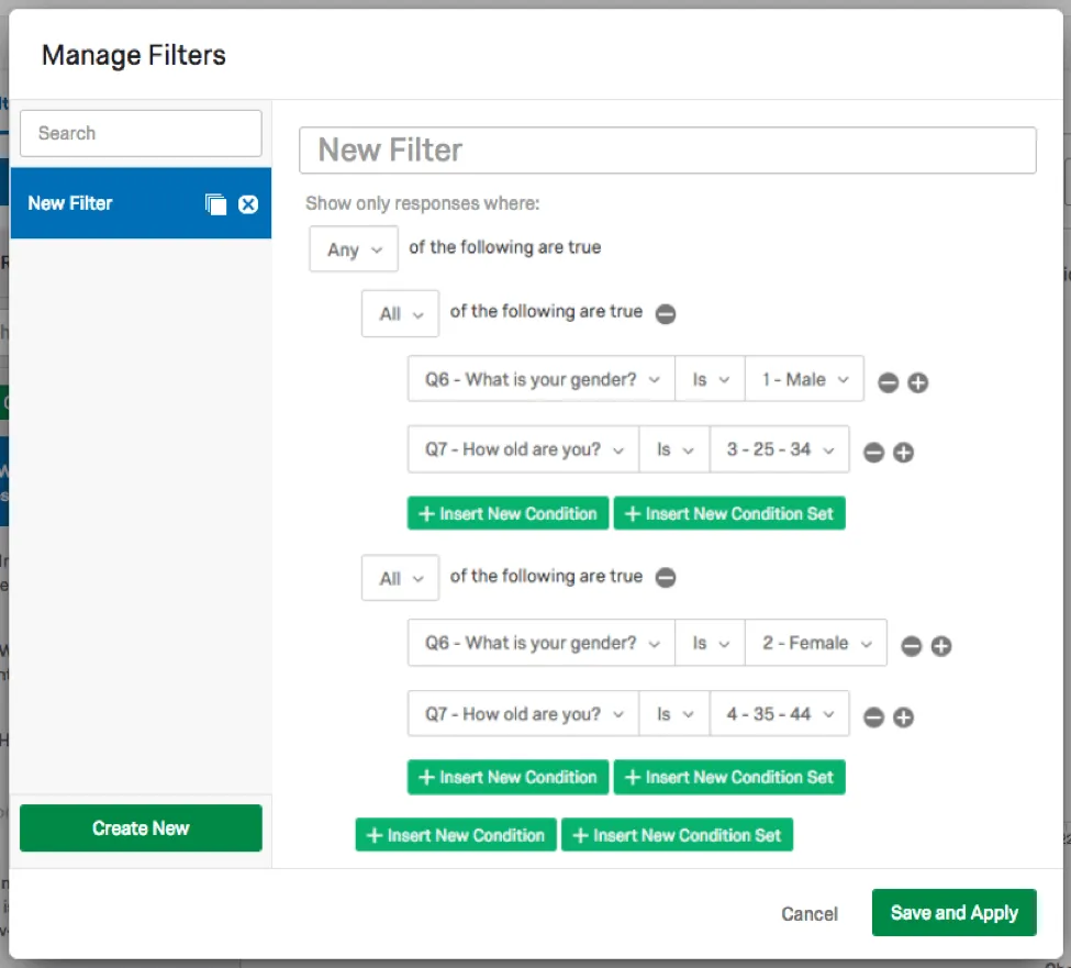Filtro complesso in cui le risposte provengono da uomini di 25-34 anni o da donne di 35-44 anni