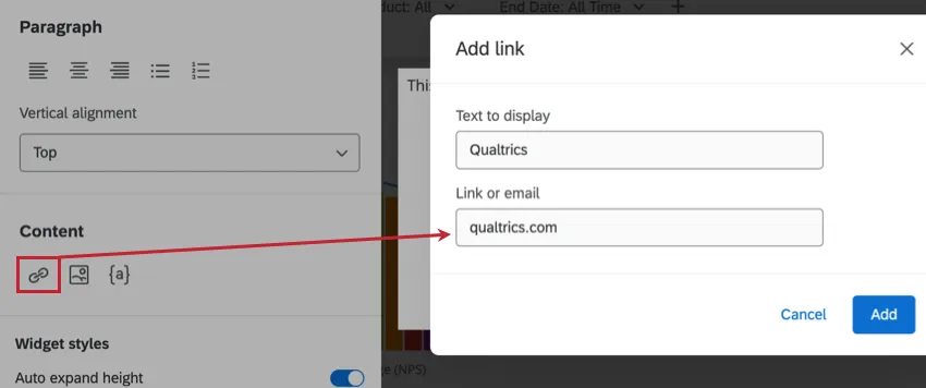 Insert link button and menu in left editing pane