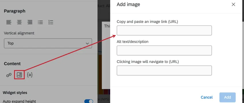 Botón y opciones para insertar imagen