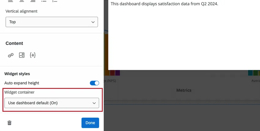opzioni del contenitore del widget a discesa