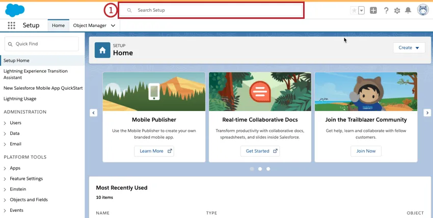 the salesforce homepage with the search bar highlighted